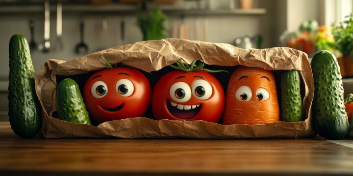 Funny vegetables hiding in grocery bag on kitchen counter