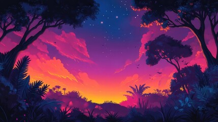 vibrant sunset sky with hues of pink, purple, and orange, fading into the deepening blue of night