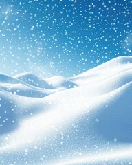 Snowy landscape with gently rolling hills under a bright blue sky with falling snow.