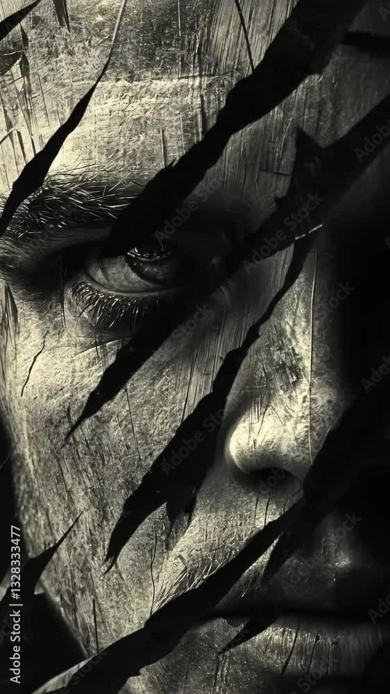 Poster intriguing close-up of a distressed face partially hidden behind jagged lines in a dramatic black an