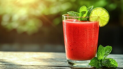 A refreshing red drink garnished with lime and mint, served in a glass, set against a vibrant green backdrop.