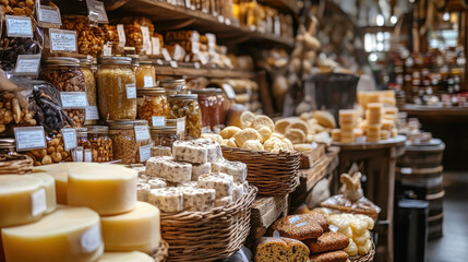 Fototapeta premium A rustic market display filled with various cheeses, baked goods, and jars of preserves.