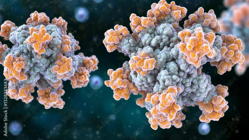 Poster details of a virus particle under microscopic view showcasing intricate structures and colors