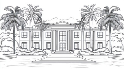 Elegant Mansion Sketch with Tropical Landscape