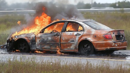 Burning car engulfed in flames on highway.