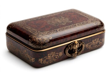 Closed decorated wooden box with golden floral patterns and metal handle is lying on white background