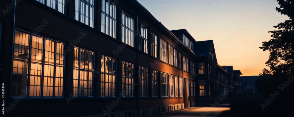 Poster a large building with many windows reflecting sunlight in the evening