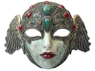 Detailed Venetian Style Mask with Wings and Gemstones on Black Background Perfect for Masquerade Balls and Theatrical Performances
