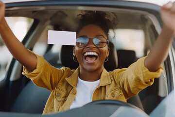 Naklejka premium Happy Woman Driving New Car Celebrating Freedom Joyful Road Trip Auto Travel Yellow Energy Active 