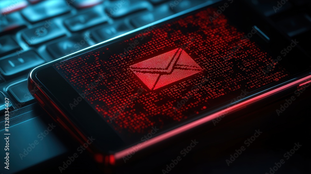 Poster fake phishing text message with a red system hack alert on a mobile phone, notifying the user of a m