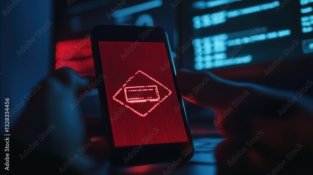 Poster fake phishing text message with a red system hack alert on a mobile phone, notifying the user of a m