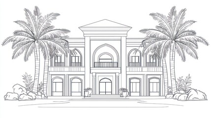 Elegant Arabian House Sketch, Tropical Landscape, Architectural Drawing, Design Concept, Digital Art, Stock Photo