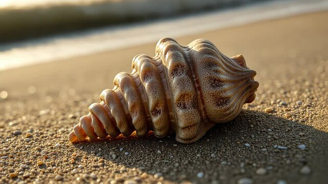  Abandoned seashells resting on sandy beach with ocean waves gently crashing in the background