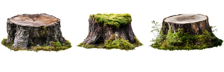 Set of Three different tree stumps with moss on top, transparent background, PNG