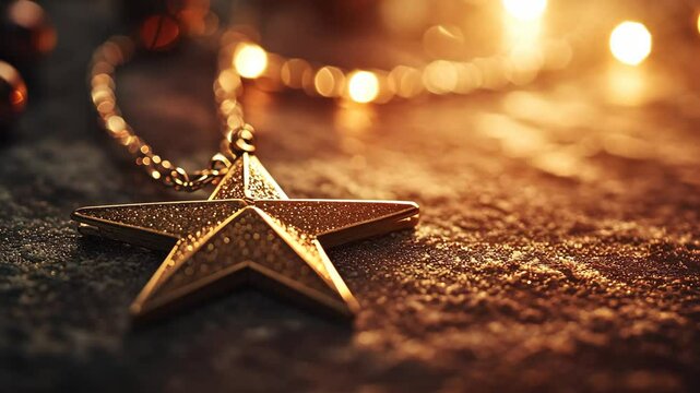Jewelry piece with a star shape sits elegantly on a dark textured surface surrounded by warm glowing lights