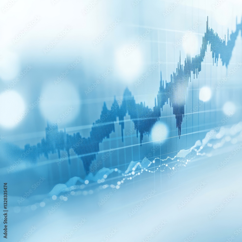Poster Abstract Financial Growth Chart in Blue Tones with Grid and Bokeh Highlights, Representing Market Trends