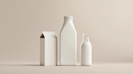 15.A 3D vector mockup of milk cartons in varying sizes, paired with a vintage-style glass bottle of milk. The containers feature realistic details, such as subtle folds on the carton and a glossy