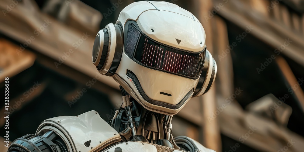 Poster A futuristic robot with a sleek design and visible mechanical features stands against a blurred background.