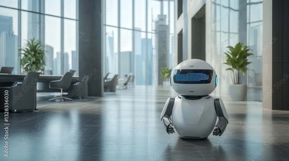 Poster office environment where a businessman relies on ai to analyze data trends and automate tasks, with 