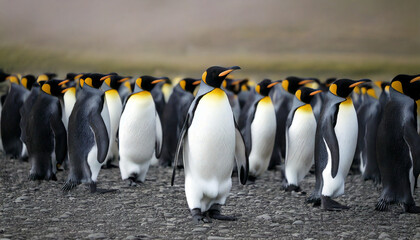 Obraz premium King penguin making way through a group of penguins