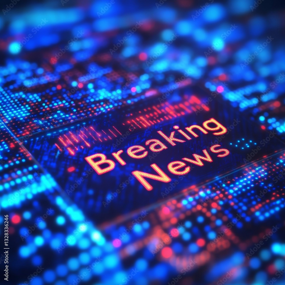 Poster breaking news displayed on a digital screen: global updates and real-time information on a technolog