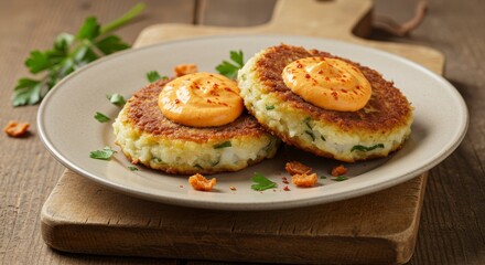 Delicious Crispy Potato Cakes with Spicy Orange Sauce Close up Food Photography
