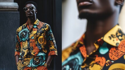 Obraz premium African street-style graphic print shirt with matching slim-fit joggers.