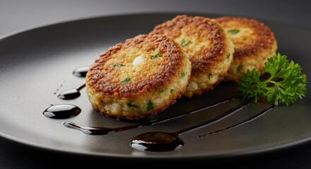 Delicious Golden Brown Fish Cakes with Parsley and Balsamic Glaze on Dark Plate