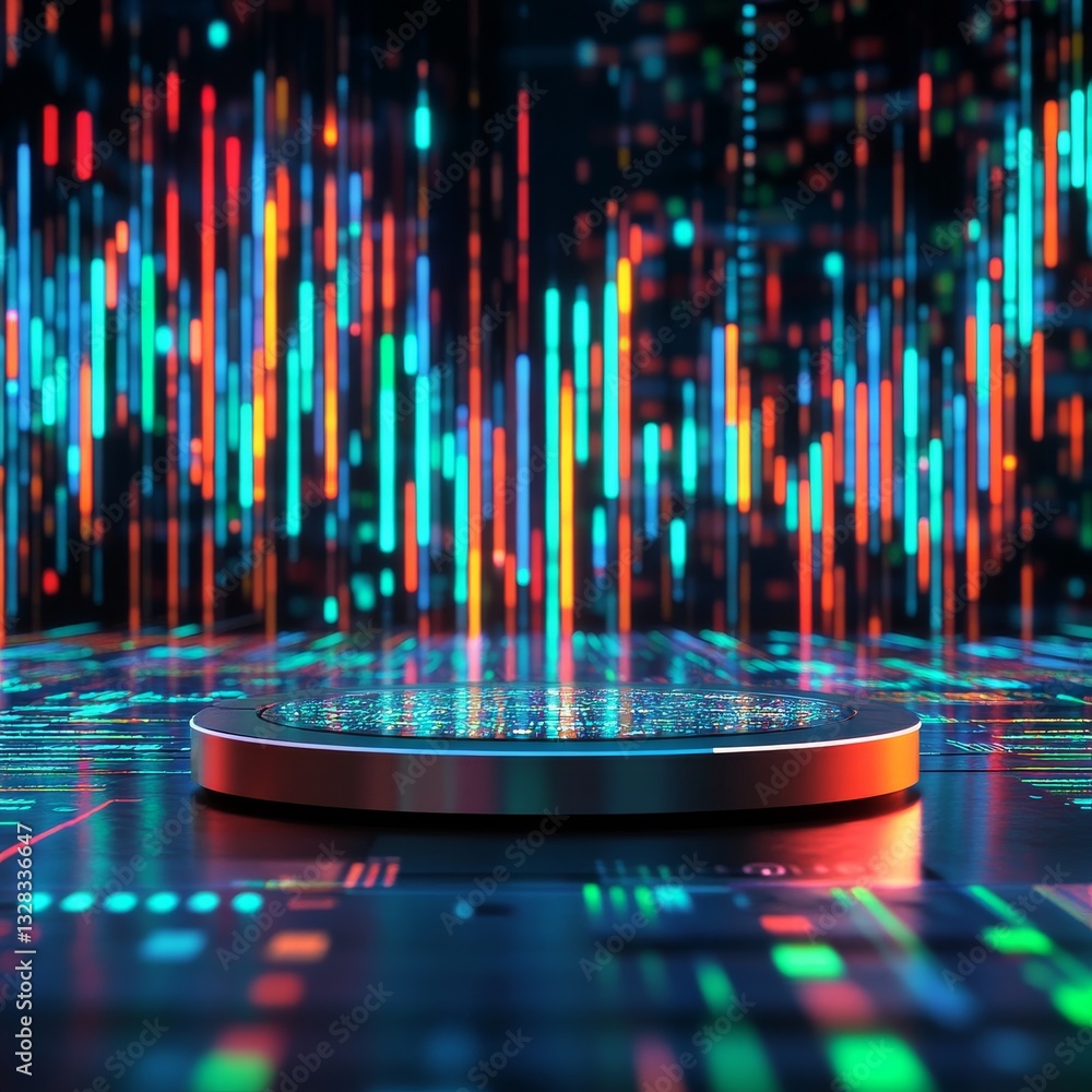 Poster cybernetic platform: digital stage for futuristic innovation with glowing data streams and technolog