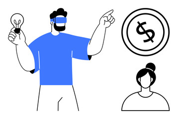 Man wearing VR headset holding a lightbulb, gesturing towards a dollar coin, with a female figure. Ideal for innovation, technology, finance, creativity, teamwork leadership progress. Flat simple