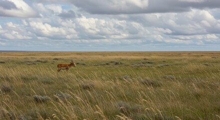 Naklejka premium Saiga Antelope in the Vast Steppe under a Cloudy Sky A Stunning Wildlife Photography