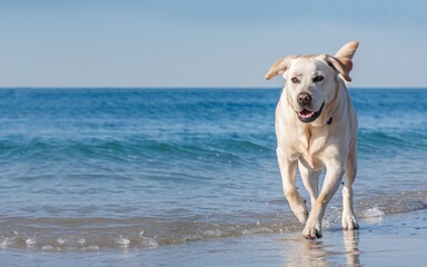 Obraz premium Pet Influencer, Happy Lab Runs on Beach Shoreline