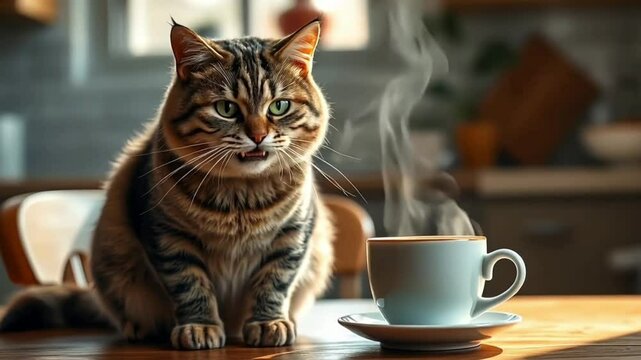 Angry Cat Sitting at a Table with a Cup of Hot Coffee, Funny and Relatable Pet Behavior, Cute and Quirky Indoor Scene