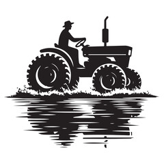 Black Tractor Silhouette Illustration Farmer Working on Field Reflection Art