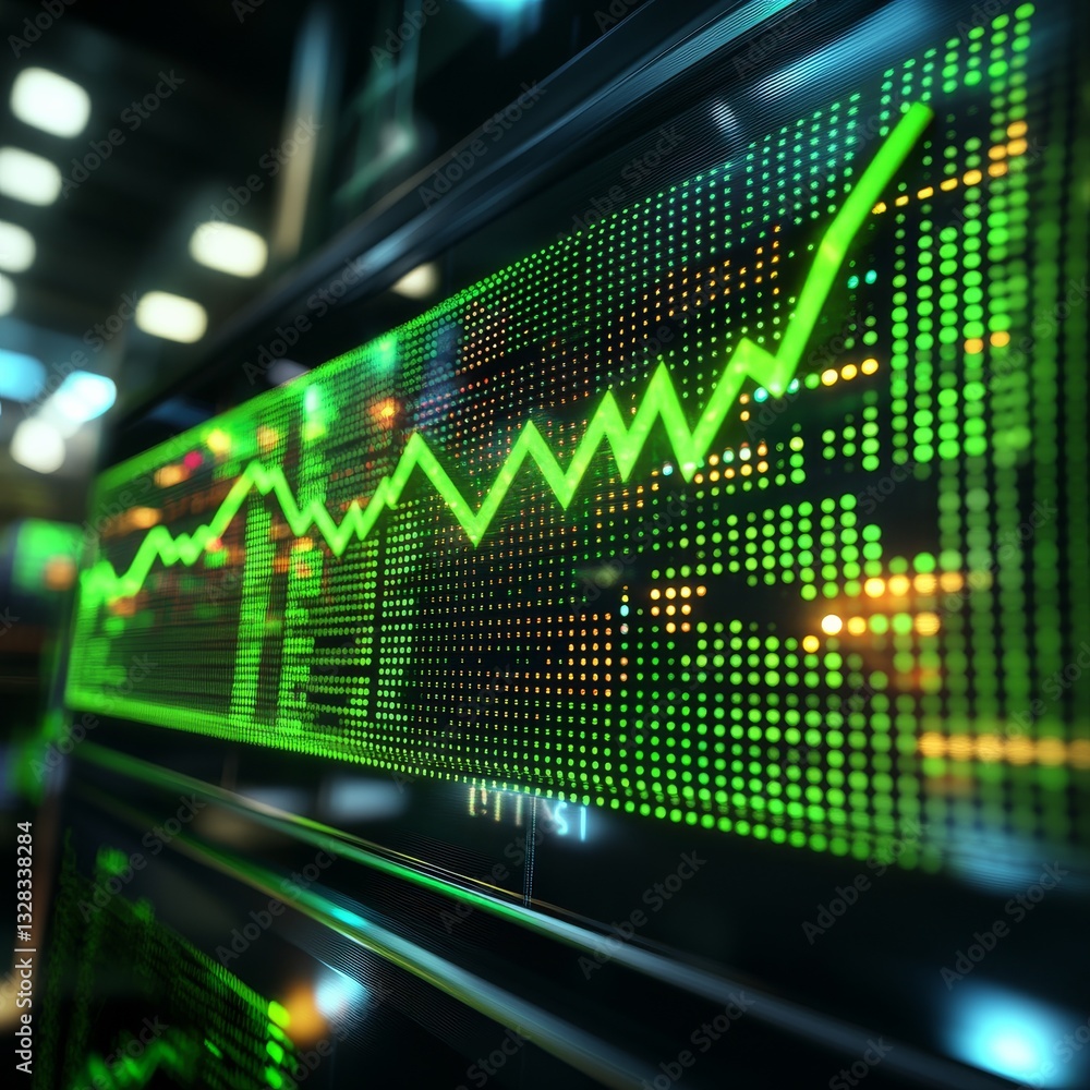 Poster green stock market display: upward trend with data points and tech aesthetic for business and financ