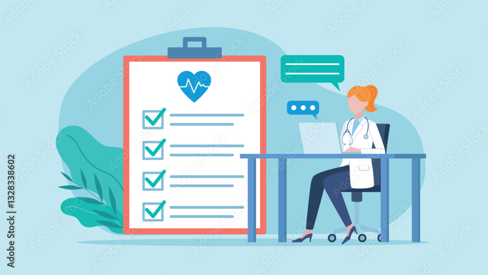 Poster a female doctor working at a computer and having an online conversation with a patient. next to the 