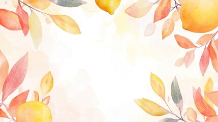 Watercolor lemon leaves border; autumnal background; design element