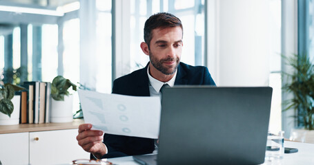 Happy, businessman or documents with laptop for finance or corporate performance at office desk....