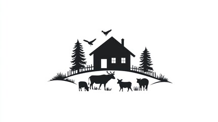 Silhouette farm house with cattle and birds, tranquil rural scene, stock image for agricultural themes