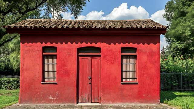 Bright red building with traditional architecture surrounded by lush greenery in a sunny park