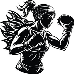 Female boxing player pose vector silhouette, isolated white background