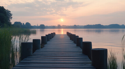 Fototapeta premium A serene wooden pier extends over calm waters, framed by lush greenery at sunrise.