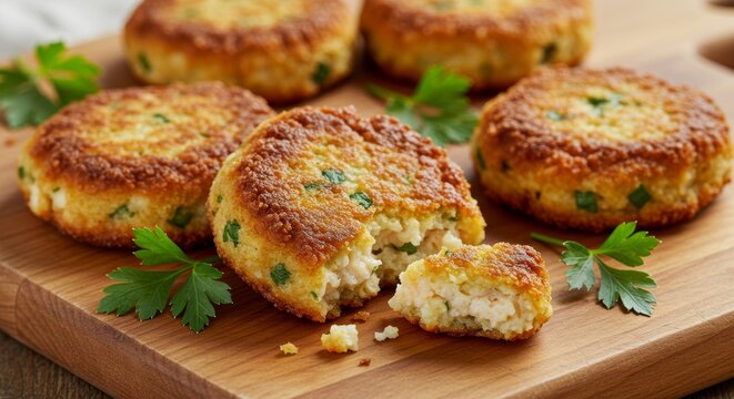 Delicious Golden Brown Fried Fish Cakes Crispy Crust Parsley Garnish Wooden Board