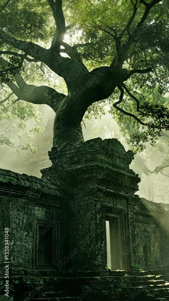 Poster majestic tree envelops ancient ruins in a misty forest at dawn, creating an enchanting atmosphere of