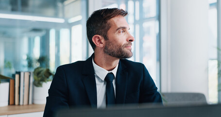 Fototapeta premium Business, thinking and man with choice, laptop and internet with project, decision and accounting. Financial advisor, investor and employee in office, computer and planning with problem solving