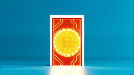A vibrant depiction of a cryptocurrency coin, featuring a bold Bitcoin symbol, set against a bright blue background.