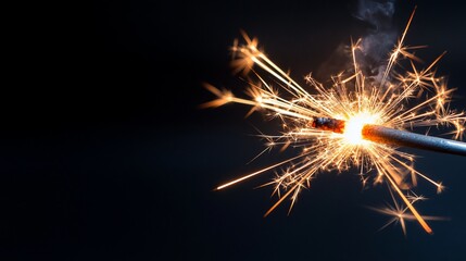 Close up of a burning sparkler, bright light, smoke on a dark background