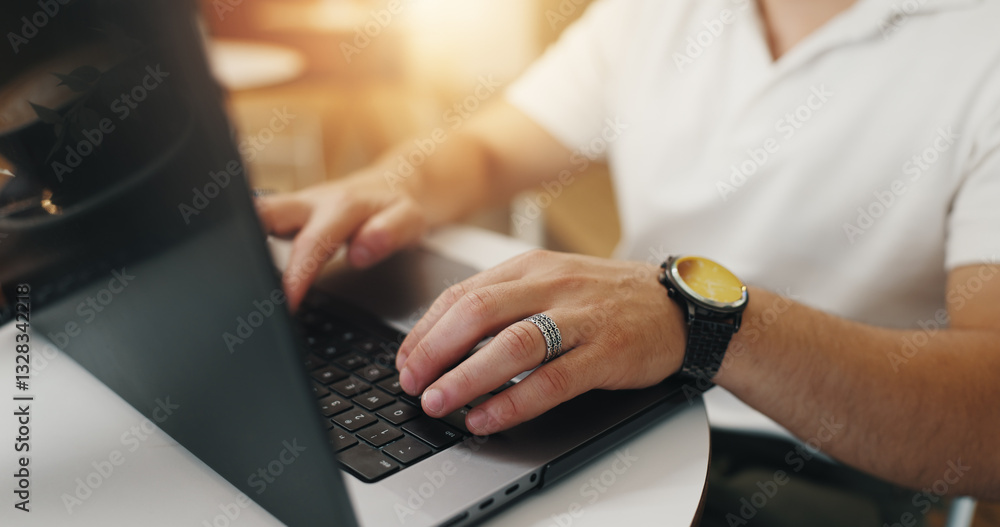 Poster remote work, hands and typing on laptop in cafe for email communication, online report and freelanci
