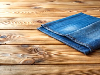 Fototapeta premium Rustic Wooden Table with Denim Placemat - Copy Space for Text or Design