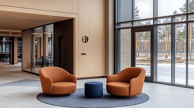 Modern office lobby with two armchairs and a small table.
